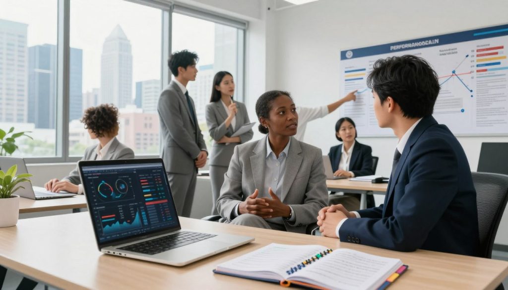 A well-organized desk in a bright, modern office setting serves as the foreground, with a sleek laptop, performance metrics displayed on the screen, and an open planner filled with notes and colorful tabs. In the middle, a group of diverse professionals in business attire engage in a focused discussion, one pointing to a strategic timeline displayed on a wall poster, conveying collaboration on a performance longevity plan. The background features large windows showcasing a vibrant city skyline, emphasizing a sense of progress and ambition. Soft, natural lighting floods the room, creating an optimistic and motivating atmosphere. The angle is slightly elevated, capturing both the dynamic interaction in the middle and the inspiring view outside. A well-organized desk in a bright, modern office setting serves as the foreground, with a sleek laptop, performance metrics displayed on the screen, and an open planner filled with notes and colorful tabs. In the middle, a group of diverse professionals in business attire engage in a focused discussion, one pointing to a strategic timeline displayed on a wall poster, conveying collaboration on a performance longevity plan. The background features large windows showcasing a vibrant city skyline, emphasizing a sense of progress and ambition. Soft, natural lighting floods the room, creating an optimistic and motivating atmosphere. The angle is slightly elevated, capturing both the dynamic interaction in the middle and the inspiring view outside.